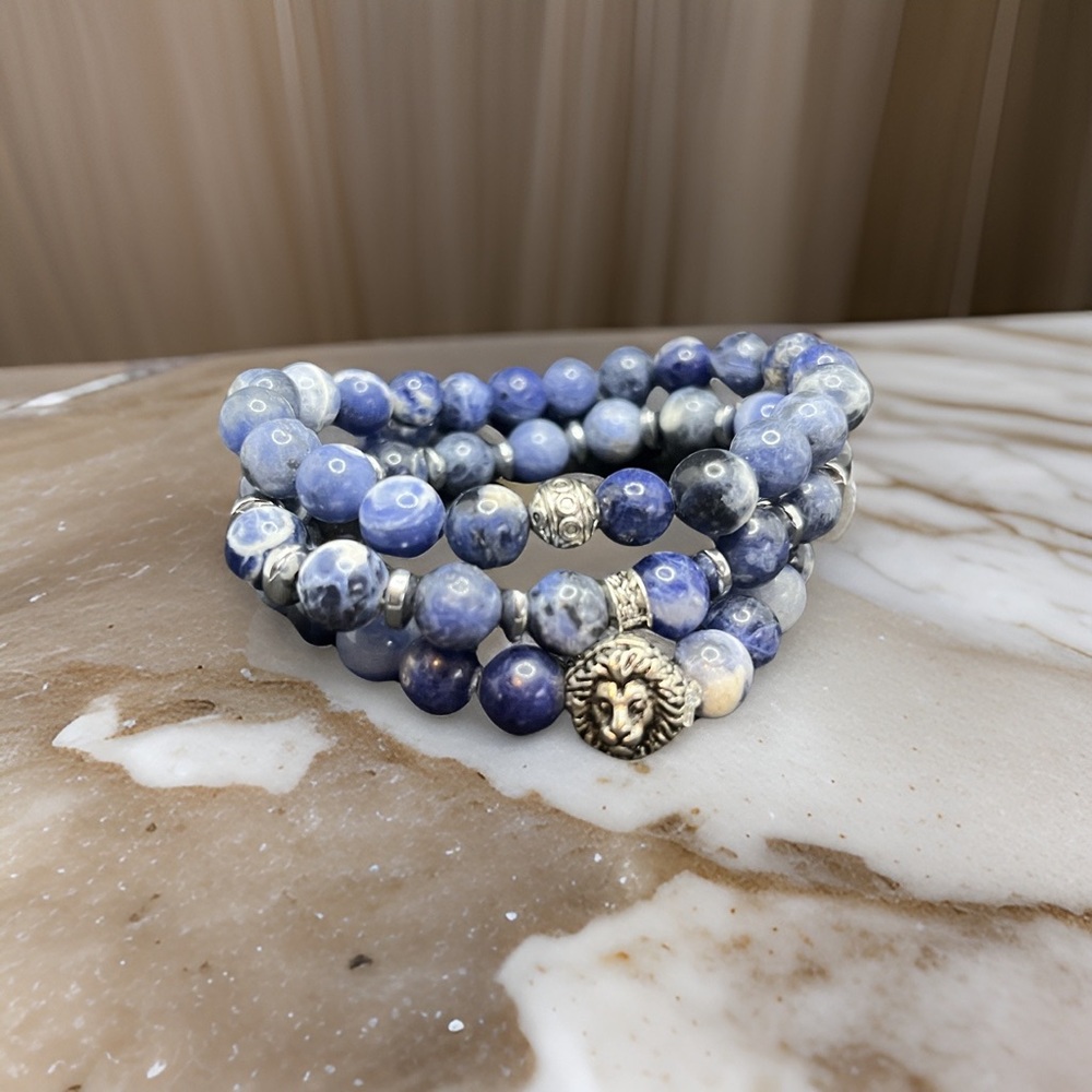 Blue Natural Stone Lion Head Bead Bracelet Set